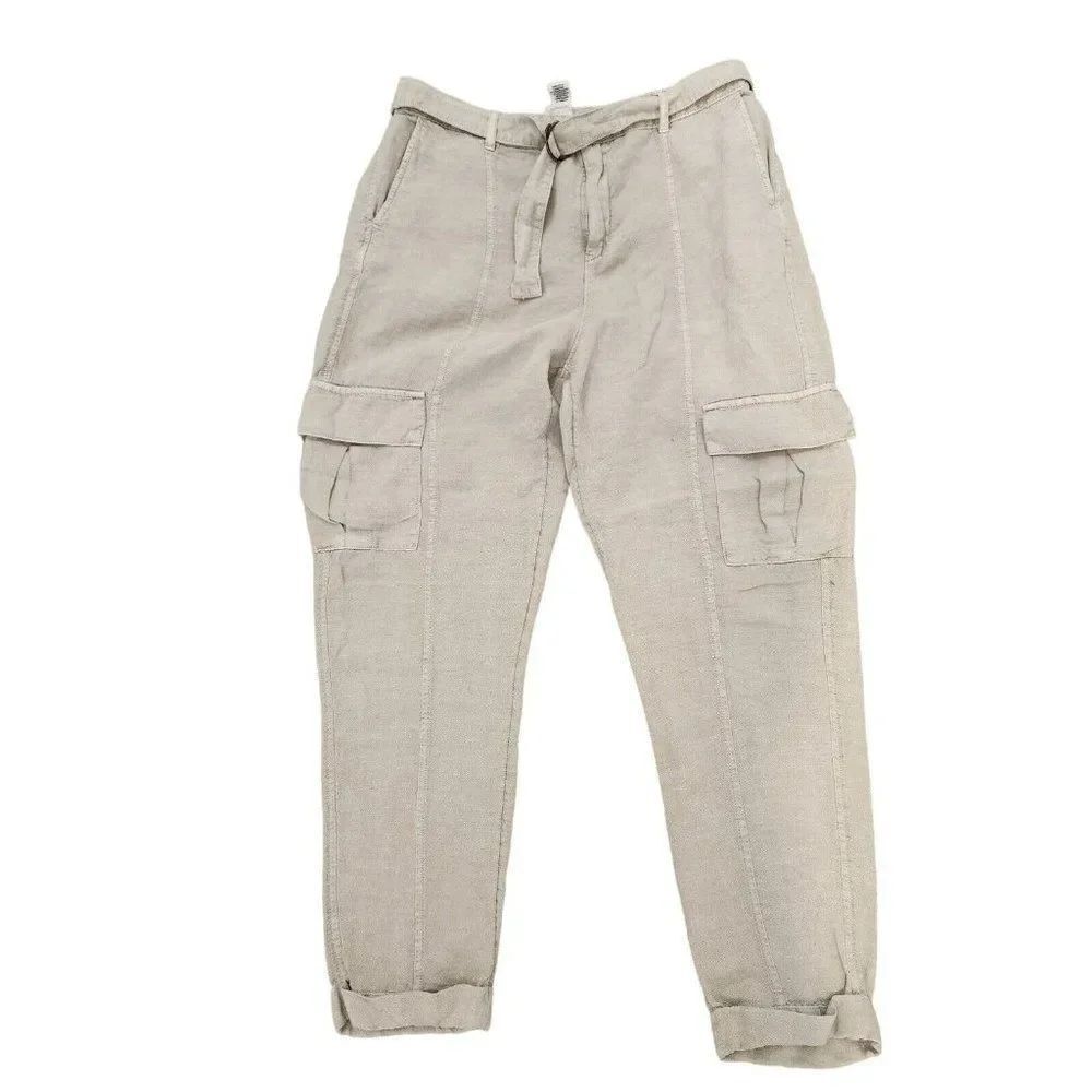 Nicole Miller Natural Tan Beige Linen Cargo Pants L Coastal Grandma Core
